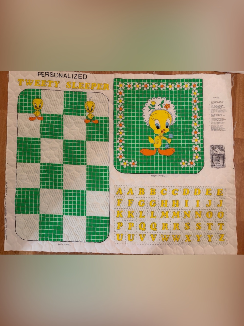 Vtg 1988 Warner Bros Tweety Bird Quilted Personalized Sleepy Time Panel